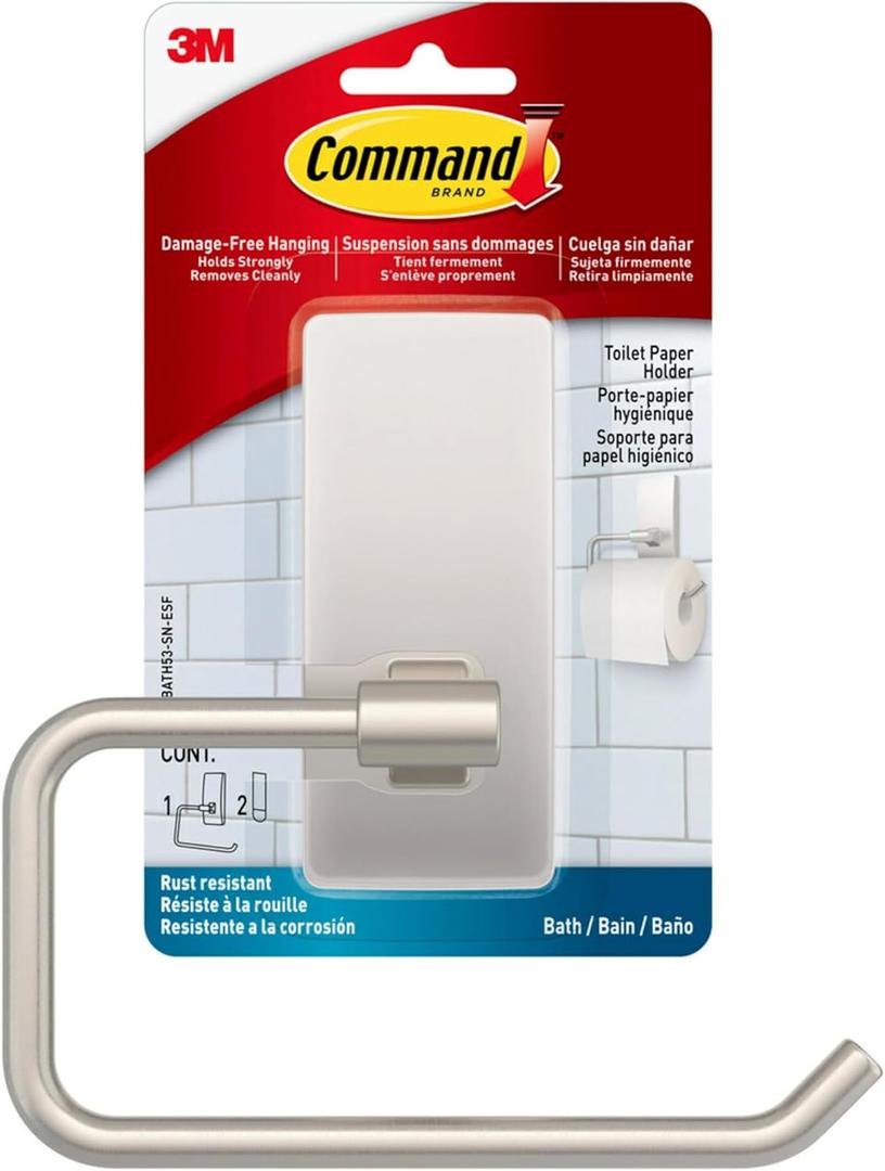 Command Toilet Paper Holder Satin Nickel with Water Resistant Command Strips, Rust Resistant Bathroom Organizer (Large)