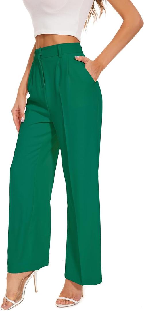 FUNYYZO Wide Leg Pants Women's High Elastic Waisted in The Back Business Work Trousers Long Straight Suit Pants (Green, L)