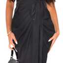 Women's Casual Ruched Satin Collar V Neck Dress Short Sleeve Elegant Button Down Shirt Dress with Belt (XX-Large, Black)