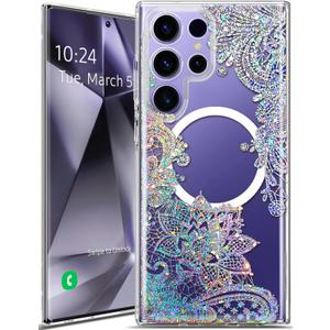 Coolwee Magnetic for Samsung Galaxy S24 Ultra Case, Compatible with MagSafe, Cute for Women Girls, 10FT Military Grade Protective Cover for Galaxy S24 Ultra Case Glitter, Clear Bling Lace Mandala