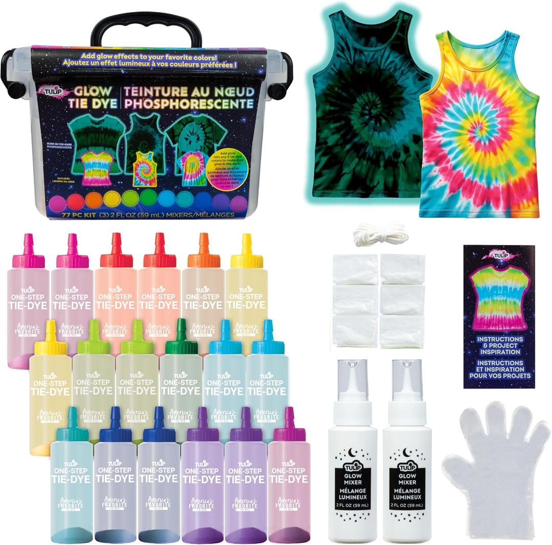 Tulip Glow Tie-Dye Tub, Design Your Looks, Add Glow Effects to Your Favorite Colors, Includes 18 Easy-Squeeze Dye Bottles, Glow Pigments, Mixers, Storage Box, All-in-One Party Activity Kit, 77 Pieces