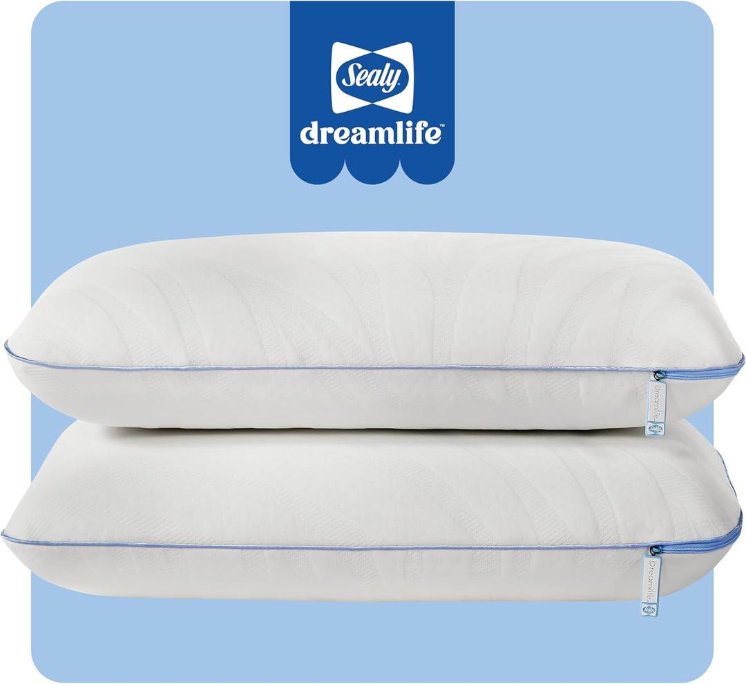 Sealy Dreamlife Queen Size Memory Foam Cooling Pillow with Surface Guard Technology, Removable Machine-Washable Cover, White (2 Pack)