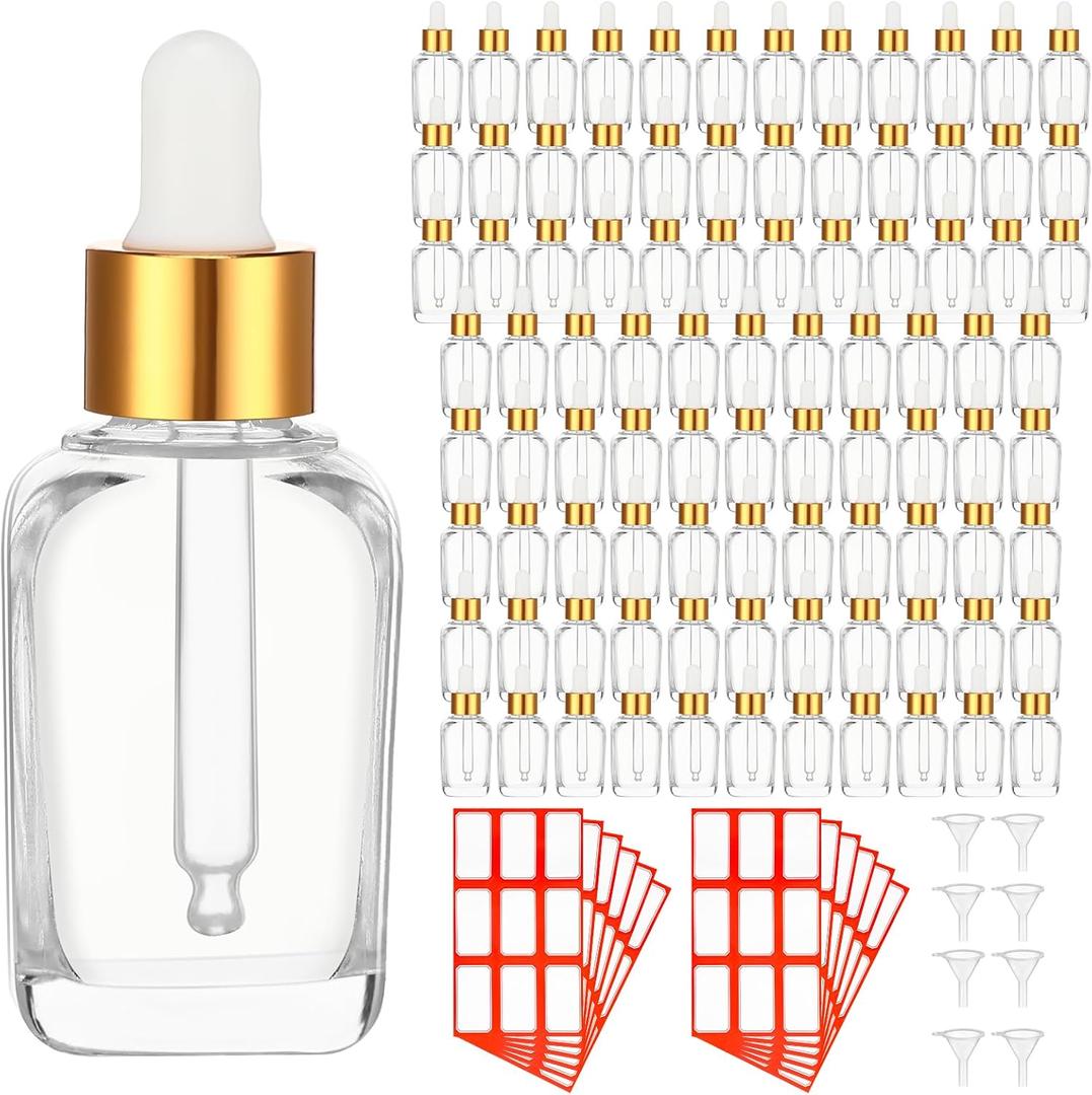 Dandat 100 Pcs 1 oz Clear Glass Dropper Bottles 30 ml Eye Dropper Bottles Leakproof Empty Tincture Glass Containers Bulk with Labels and Funnels Golden Caps for Essential Oils, Perfumes, Liquids