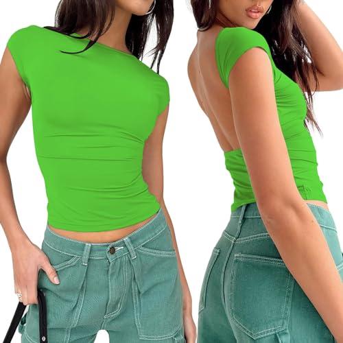 Women Sexy Backless Going Out Top Double Lined Y2K Open Back Crop Tops 2025 Backless Tee Shirts Summer Trendy Gc-LightGreen XS