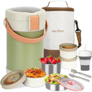 67oz Adults Thermo for Hot Food Kit 2L 9.06in 3 Layer Stainless Steel Vacuum Soup Food Thermo Hot Food Jar Bento Box for Men, Women, Suitable insulated Lunch Box for 12+ Camping, Office & Travel Use (green)
