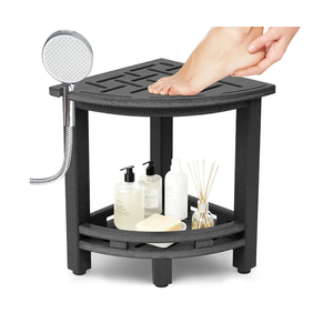 KALUMOON Corner Shower Stool, HDPE Waterproof Shower Bench for Inside Shower, Small Shower Chair Seat for Shaving Legs with Storage Shelf, Shower Head Holder, Adjustable Feet (Black)