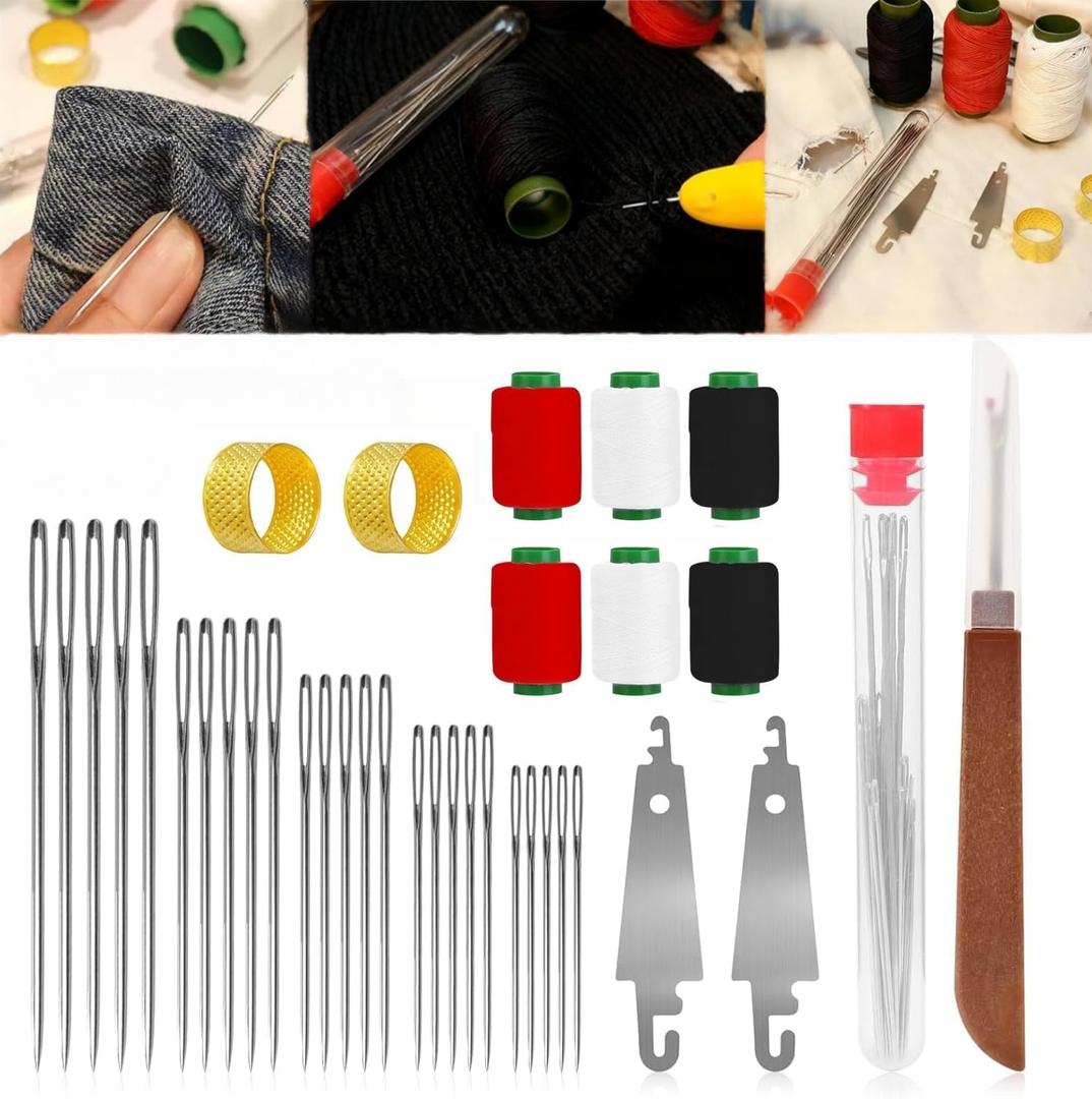 2 x 37PCS Big Eye Steel Sewing Needles Kit for Hand Sewing, Stainless Steel Needles Large Eye Set,Include 25 Steel Needles, 1 Seam Sewing Thread Ripper, 2 Needle Threaders, 6 Threads, 2 Thimbles