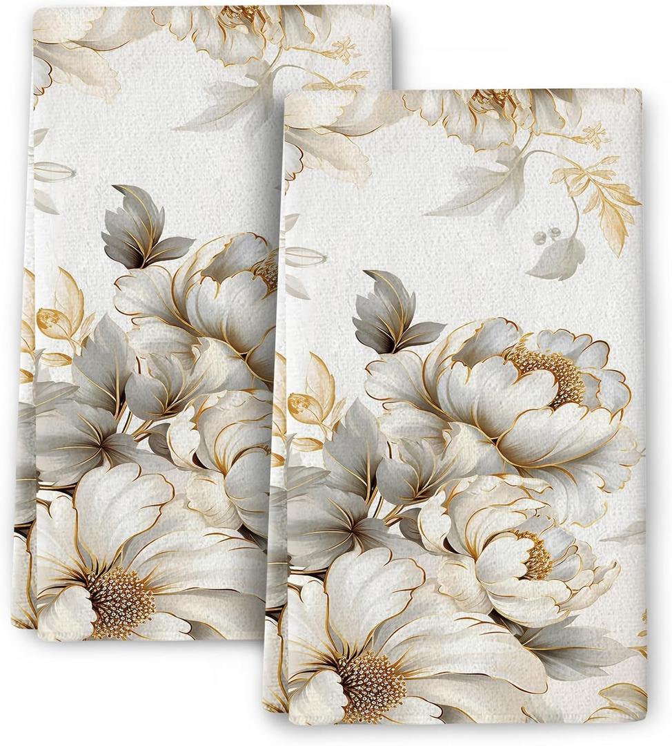 Golden Floral Decorative Kitchen Towels, Dish Towels for Kitchen Decor Set of 2, Soft Absorbent Hand Towels Tea Towels for Kitchen Drying,House Warming Gifts for New House Women