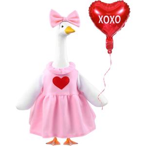 Valentine's Day Goose Outfit with Balloon for 23" Porch Goose Holiday Pink Red Heart Cloths Costume Valentines Party Outdoor Garden Patio Yard Lawn Art Decoration