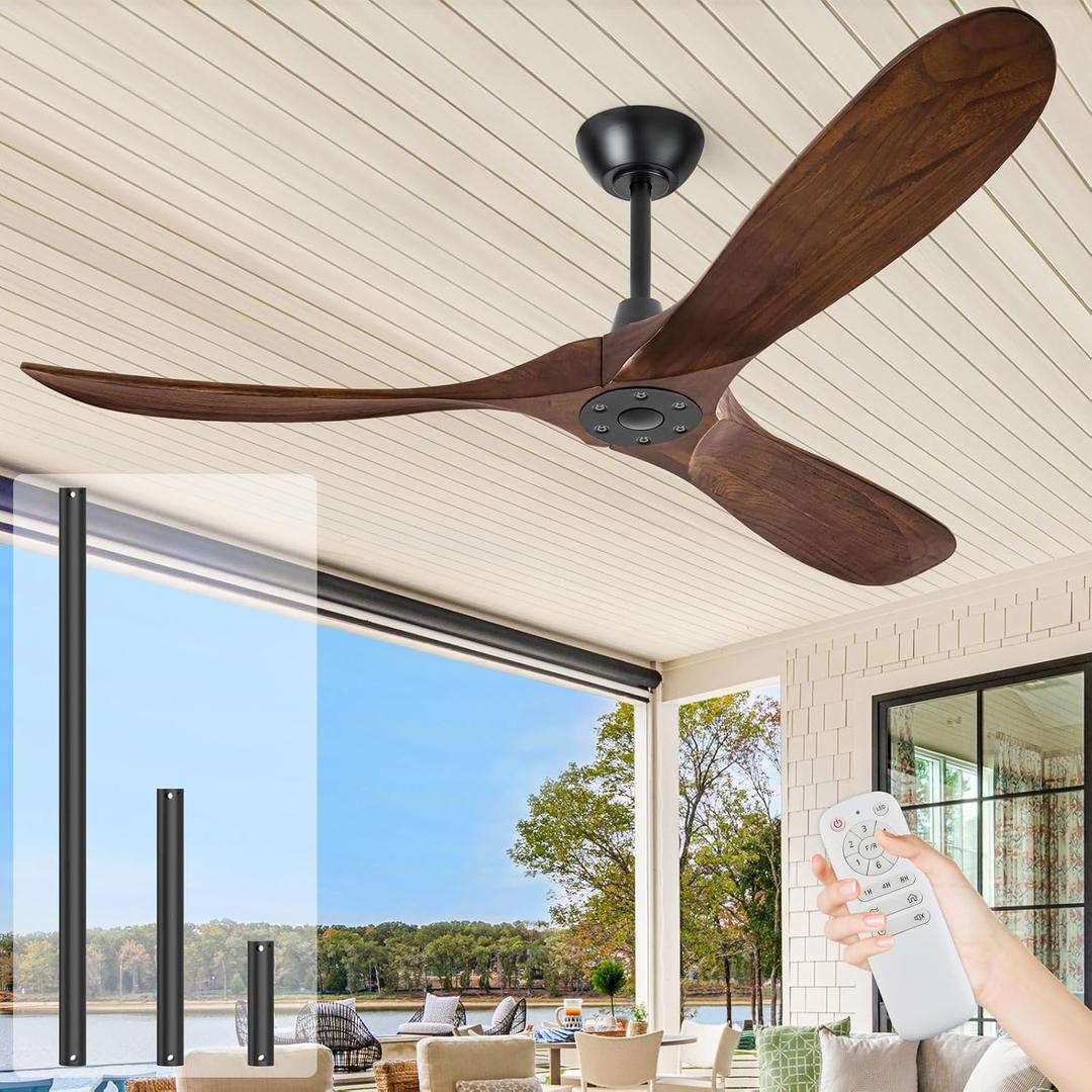 60 inch Ceiling Fans Without Lights, Wet Rated Outdoor Ceiling Fans for Patios Outside Porch, 3 Blade Walnut Wood Ceiling Fan no Light with Remote Control, High CFM 6 Speeds, Quiet DC Motor