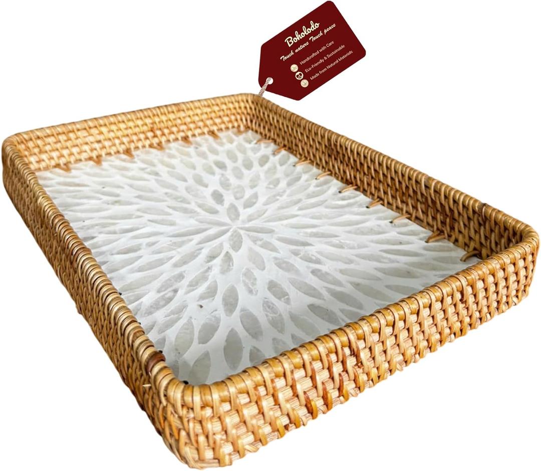 Rattan Rectangle Tray with Mother of Pearl Inlay Unique Decorative Rattan Serving Tray for Coffee Table, Bathroom Vanity, Perfume & Nightstand Ideals for Housewarming (White 11.8")