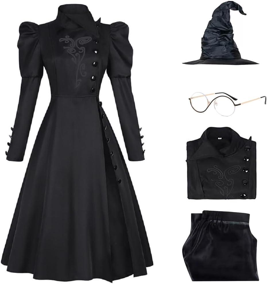Witch Costume Black Dress for Women Halloween Wizard Suit with Hat, Glasses (XX-Large)