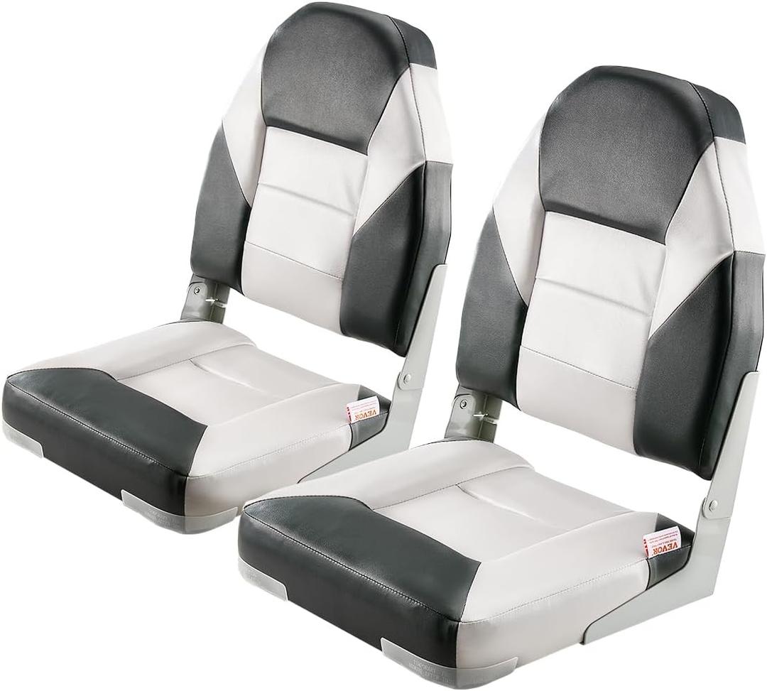 VEVOR Boat Seats, High Back Boat Seat 2 Pack, Folding Fishing Boat Seat with Thickened Sponge Cushion & Waterproof PVC Leather, Aluminum Alloy Hinges, Flip Up for Boats, Yachts, Ships, Black & Grey