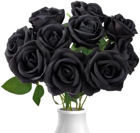 AxPower Black Roses Artificial Flowers 10 Pack in Bulk, Black Fake Roses Flowers Realistic Roses for Halloween Gothic Wedding Home Party Decoration Event Gift