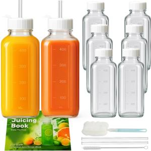 Ruckae 16 oz Glass Milk Bottles with Lids-Square Reusable Glass Juice Bottles with Capacity Marks,Leak-Proof Screw Caps- Juice Containers for Juicing, Smoothies,Breast Milk (8)