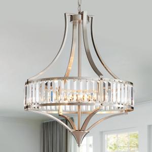 Brushed Nickel Chandeliers for Dining Room, Rustic Farmhouse Crystal Chandelier with Round Metal Shade, Modern 6-Light Large Light Fixture for Hallway, Bedroom, Foyer