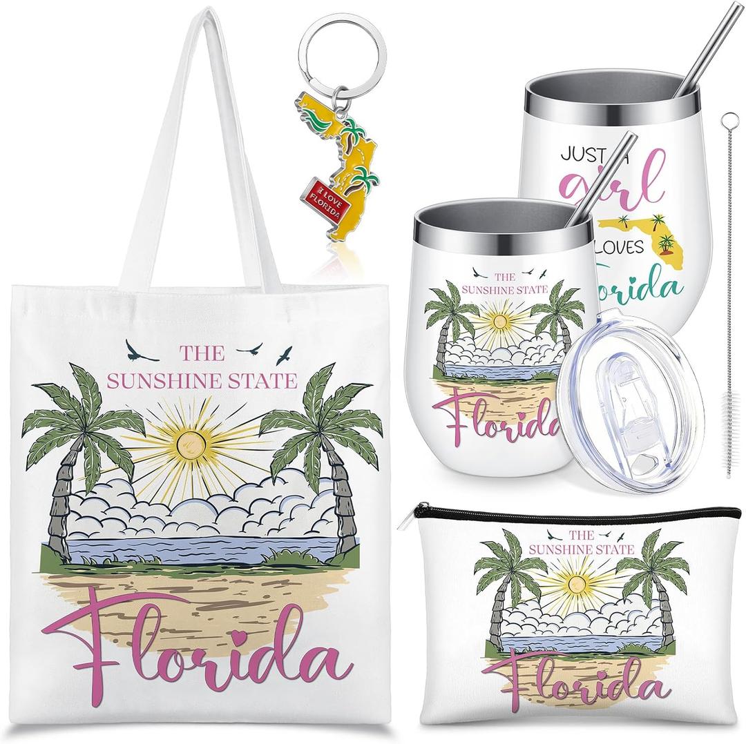 Paterr 4 Pcs Florida Souvenirs Gifts 12oz Tumbler Canvas Bag Cosmetic Bag Keychain Florida Travel Gifts Souvenirs for Traveler Women Graduation Christmas