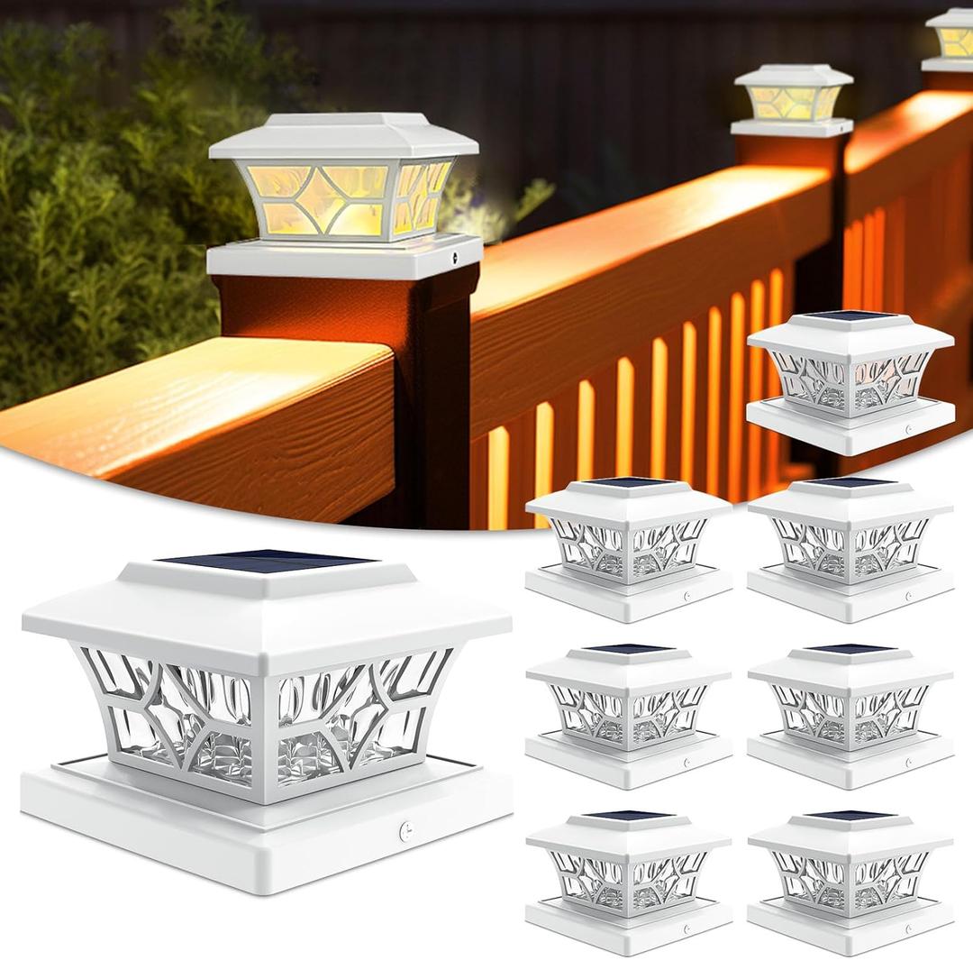 VOLISUN Solar Post Cap Lights Outdoor, Solar Powered Fence Cap Lights for 4x4 Vinyl/Wood, White Waterproof Solar Deck Post Light 8Pack Cool/Warm for Garden Patio Porch