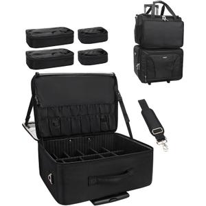 MONSTINA Rolling Makeup Train Case with Four Small Makeup Bag+ Professional Hairdressing Bag,Makeup Case for Hairstylist,Makeup Artist Trolley Travel Makeup Case with Adjustable Divider (Black)