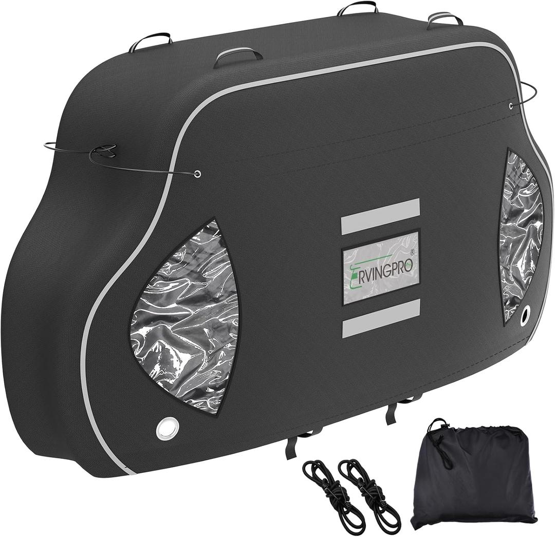 Bike Cover for Transport on Rack - Bike Cover for 2 Bikes on Rear Bike Rack, 600D Oxford Bicycle Cover Waterproof Outdoor Storage or Transportation for RV/ SUVS, with 2 Bungee Cords (XL)