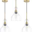 3 Pack 1 Light Kitchen Island Pendant Ceiling Light 6.5" Clear Glass Gold Finish Fixture,Modern Industrial Farmhouse Pendant Lamp for Bedside Over Sink Hallway