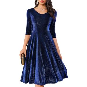 Dressystar Womens Velvet Midi Sequin Cocktail Dress Fall Winter Long Sleeve Formal Wedding Guest Party Dresses with Pocket (M)
