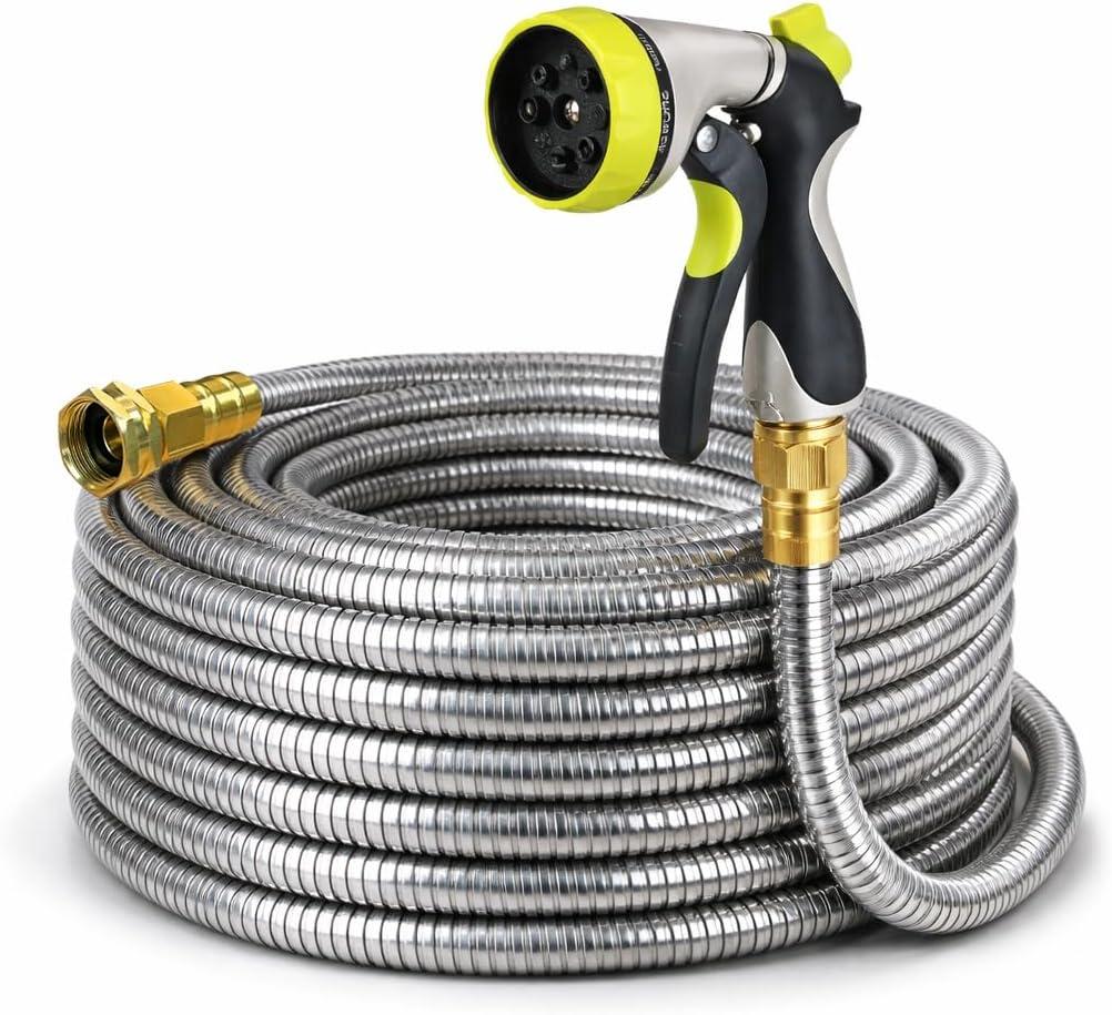 Metal Garden Hose 50 ft 304 Stainless Steel Water Hose with Nozzle Sprayer, Garden Hoses Flexible, Lightweight, No Kink, Heavy Duty for Outdoor (50 ft)