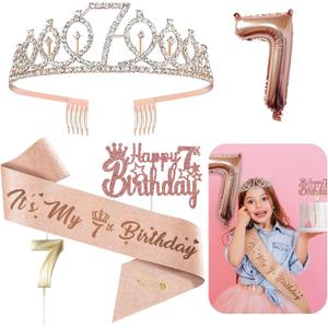 Sweet 7 Decorations for Her - 5pcs 7th Birthday Gifts Including Tiara Crown, Sash, Cake Toppers, Balloons, Candles