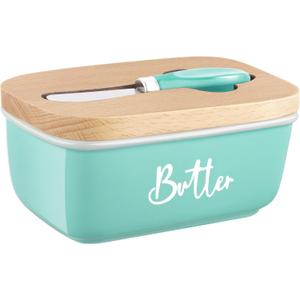 ALELION Turquoise Butter Dish with Lid and Knife for Countertop, Ceramic Butter Container with Beech Wood Lid, Airtight Butter Keeper for Counter or Fridge, for Teal Kitchen Decor and Accessories