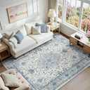 Area Rugs 6'x9' Washable Non-Slip, Floral Vintage Distress Print Pattern Medallion Carpet for Living Room Bedroom Dining Room, Light Blue Navy Beige Gray White