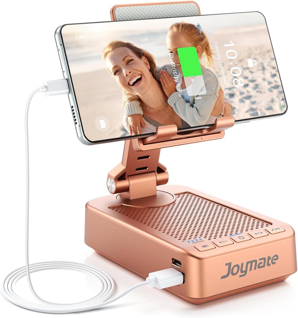 Gifts for Women Girls, Bluetooth Speaker Phone Stand with Charging Function 360 Rotable Adjustable Cell Phone Holder with HD Surround Sound for Desk Fits All Phones, Tablet (Rose Gold)