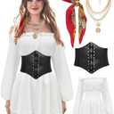 minkasic Women Pirate Costume Dress with Corset Accessories Long Sleeve Romper Short Off Shoulder Dress, Size M