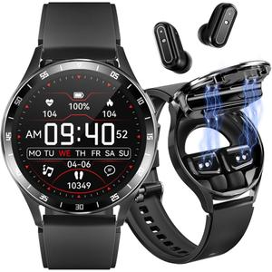 Smart Watch with Earbuds, 1.32 Inch Round Fitness Watch X10, 2 in 1 Bluetooth Watch with Step,Calories,Sleep Monitor,Heart Rate Blood Pressure Monitor for iOS & Android (Black)