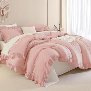 Andency Blush Pink Ruffle Comforter King, 3 Pieces All Season Farmhouse Shabby Chic Comforter, Vintage Rustic Soft Microfiber Down Alternative Bedding Comforter Set