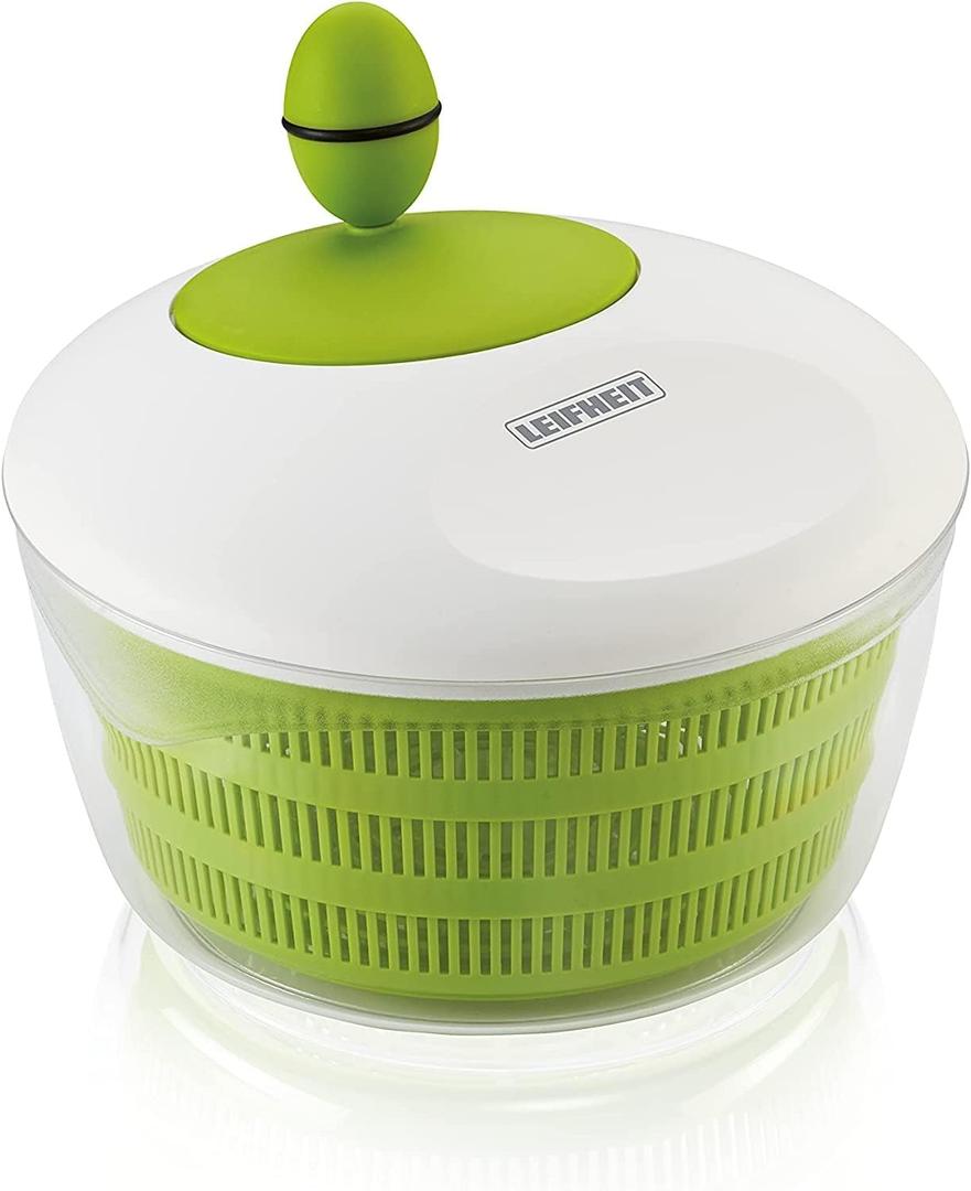 Leifheit Trend Green and White Salad Spinner, 4L Crank-Handle Salad Dryer with Non-Slip Base, Ergonomic Recessed Grip, Dual-Use Bowl for Serving or Draining, Dishwasher Safe Kitchen Tool