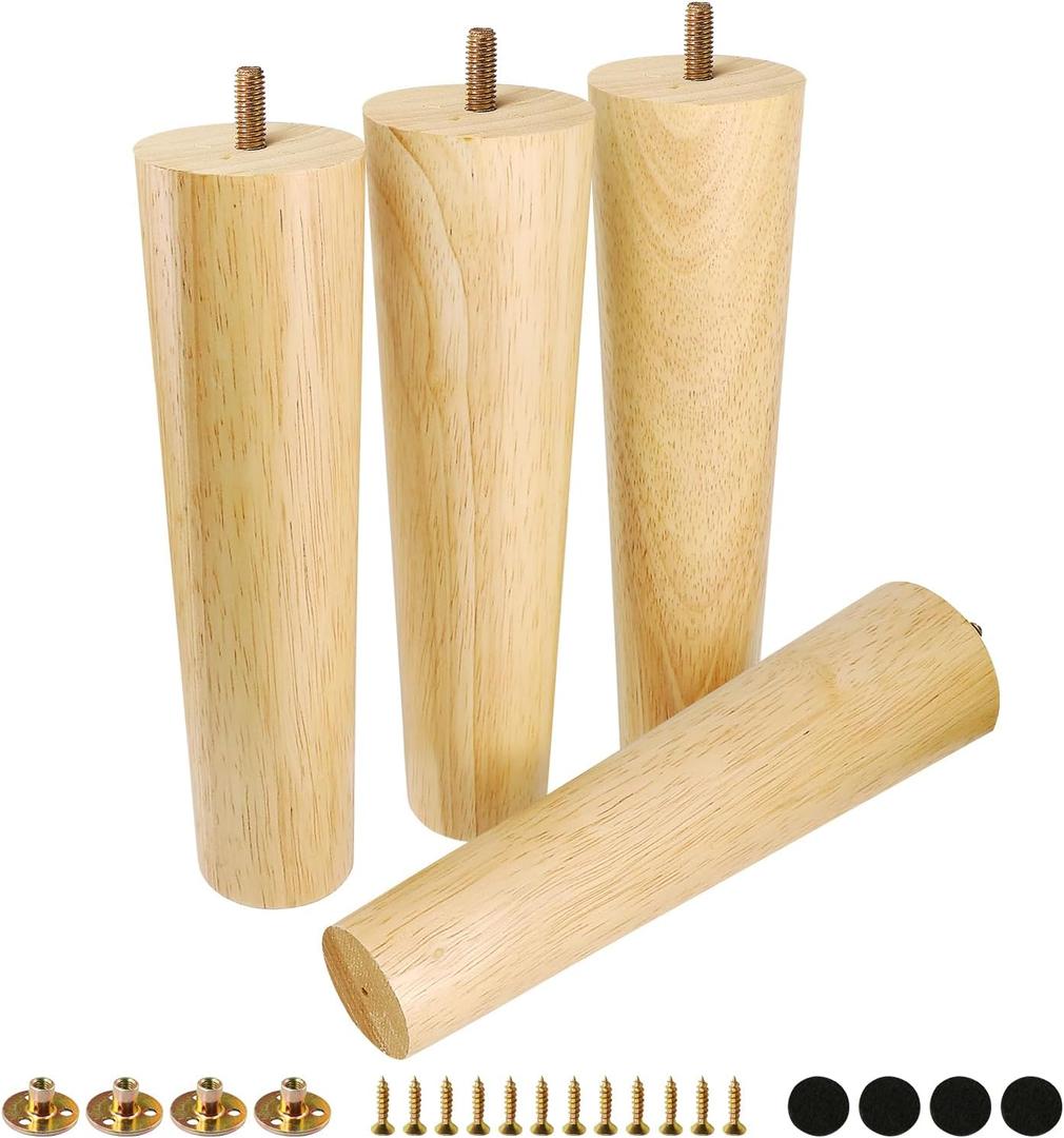 FoDau770 Rubber Wood Furniture Legs 9 Inches, Straight Tapered Wood Feet Mid Century Sofa Legs Set of 4, 5/16" UNC Furniture Feet Replacement Parts for Cabinet Couch Dresser Chair Ottoman Table (Varnish)