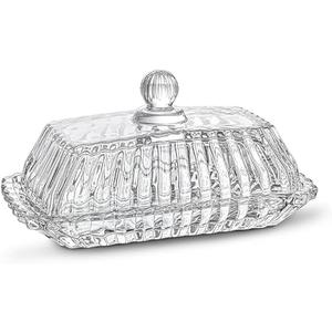 QFkris 6.5'' Glass Butter Dish with Lid,Clear Classic Covered Butter Container For Countertop,Butter Keeper,Butter Holder,Dishwasher Safe, 6.6*3.4*3.4in