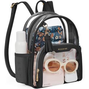 Missnine Small Clear Backpack for Stadium Events Anti-theft Mini Clear Bag for Sport Event Concert with Cute Pom-pom Ball (Black/Tassle)