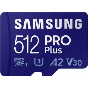 Samsung PRO Plus microSD Memory Card + Adapter, 512GB microSDXC, Up to 180 MB/s, Full HD & 4K UHD, UHS I, C10, U3, V30, A2, for Android Smartphones, Tablets, GoPRO, and DJI Drone (MB MD512SA/AM)