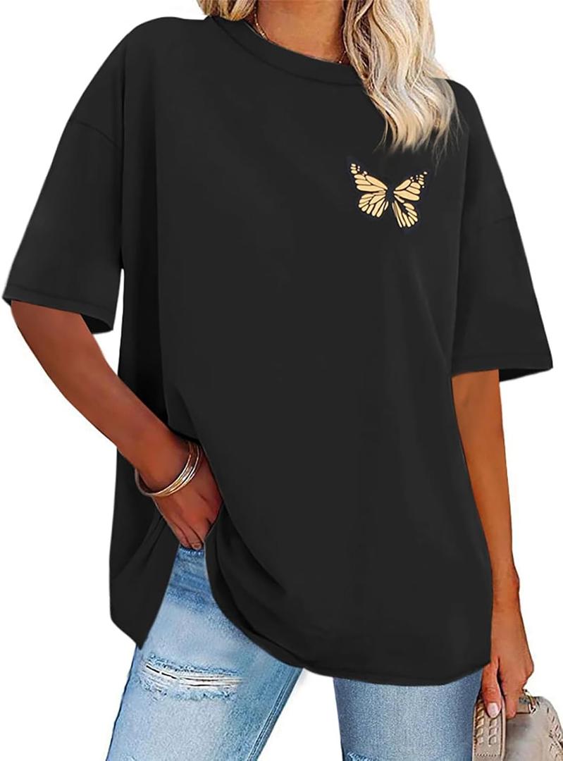 Womens Oversized Tshirt Graphic Tees Crew Neck Summer Short Sleeve Loose Fit Tops (XX-Large, A-butterfly Print Black)