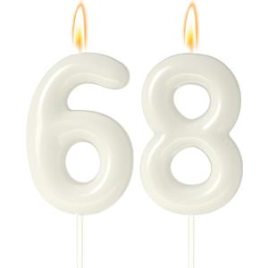 68 Candles 68th Birthday Decorations for Womens, White 68 Candle for Beige Birthday Decorations, 68 Cake Topper for 68 Year Old Women Cream Birthday Party Decor Party Supplies Favors(Number 68 Candle)