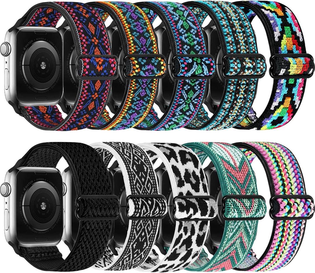 10 Pack Stretchy Solo Loop Compatible with Apple Watch Band 40mm 38mm 41mm 42mm 44mm 45mm 46mm 49mm Women Men,Soft Nylon Elastic Strap Wristband for iWatch Series 10 9 8 7 6 5 4 3 2 1 SE Ultra