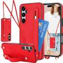 CCSmall Crossbody Case for Samsung Galaxy S24 with Card Slot Holder for Women, Removable Adjustable Shoulder Strap Lanyard with Wristband Kickstand Phone Cover Case for Samsung S24 KB Red