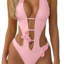 WDIRARA Women's 3D Floral Cut Out One Piece Swimsuit Deep V Neck Tie Halter Backless Swimwear (Pink, M)