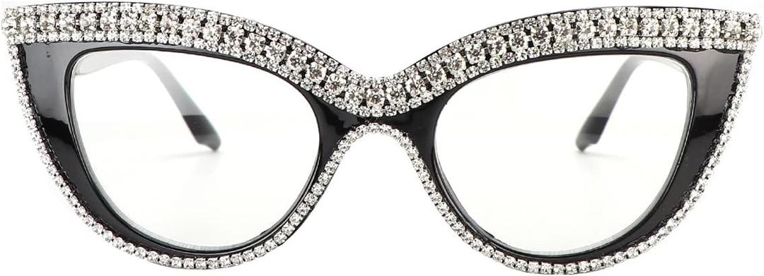 Cat Eye Reading Glasses Bling Rhinestone Magnified Blue Light Blocking Reader Glasses (White)