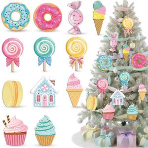 36 Pcs Candy Party Decorations Candyland Hanging Ornament Pastel Candy Lollipop Macron Ice Cream Wooden Ornaments Sweet Hanging Decor for Birthday Festival Party