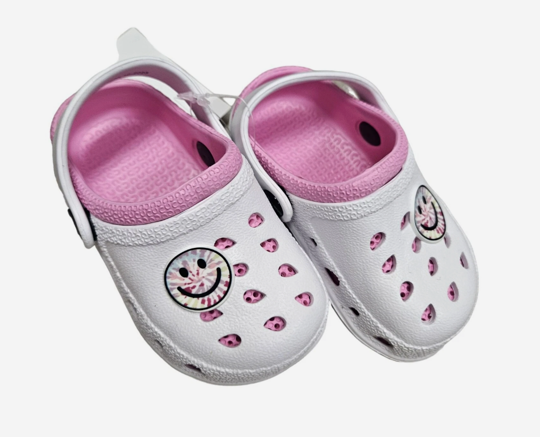 Childrens White Pink Clogs With Smile Design Girls Tie Dye Happy Face Slip On, Size  9