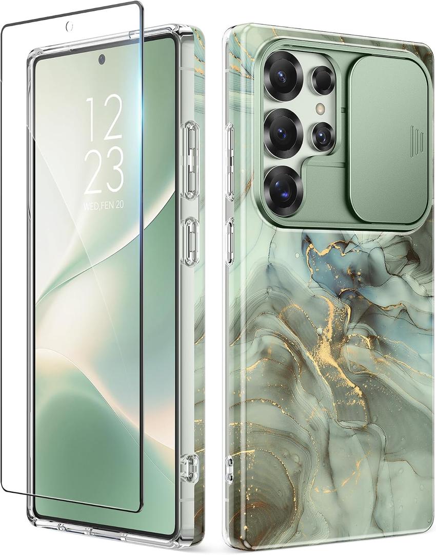 GVIEWIN for Samsung Galaxy S25 Ultra Case with Slide Camera Cover, [Screen Protector] [Shockproof Military Grade Drop Protection] Marble Slim Fit Hard PC Phone Cover S25 Ultra 6.9" 2025 (Desert Dream)