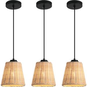 3 Pack Mini Rattan Pendant Lights Fixtures,6.54in Hand-Woven Boho Chandelier Rustic Farmhouse Wicker Pendant Hanging Light Fixtures for Kitchen Island Hallway Dining Room