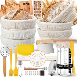 Nitial Sourdough Starter Kit, 5" Round and 6.5" Oval Mini Banneton Bread Proofing Basket Set of 6 Bread Baking Supplies Sourdough Kit Tools 24 oz Starter Jar Glass for Baker Women Wife